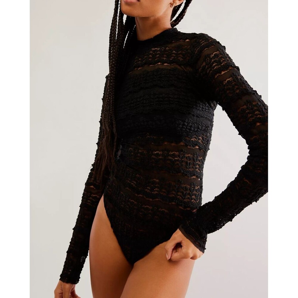 Free People Intimately Angelina Bodysuit Top Sheer Long Sleeves Black S 289341